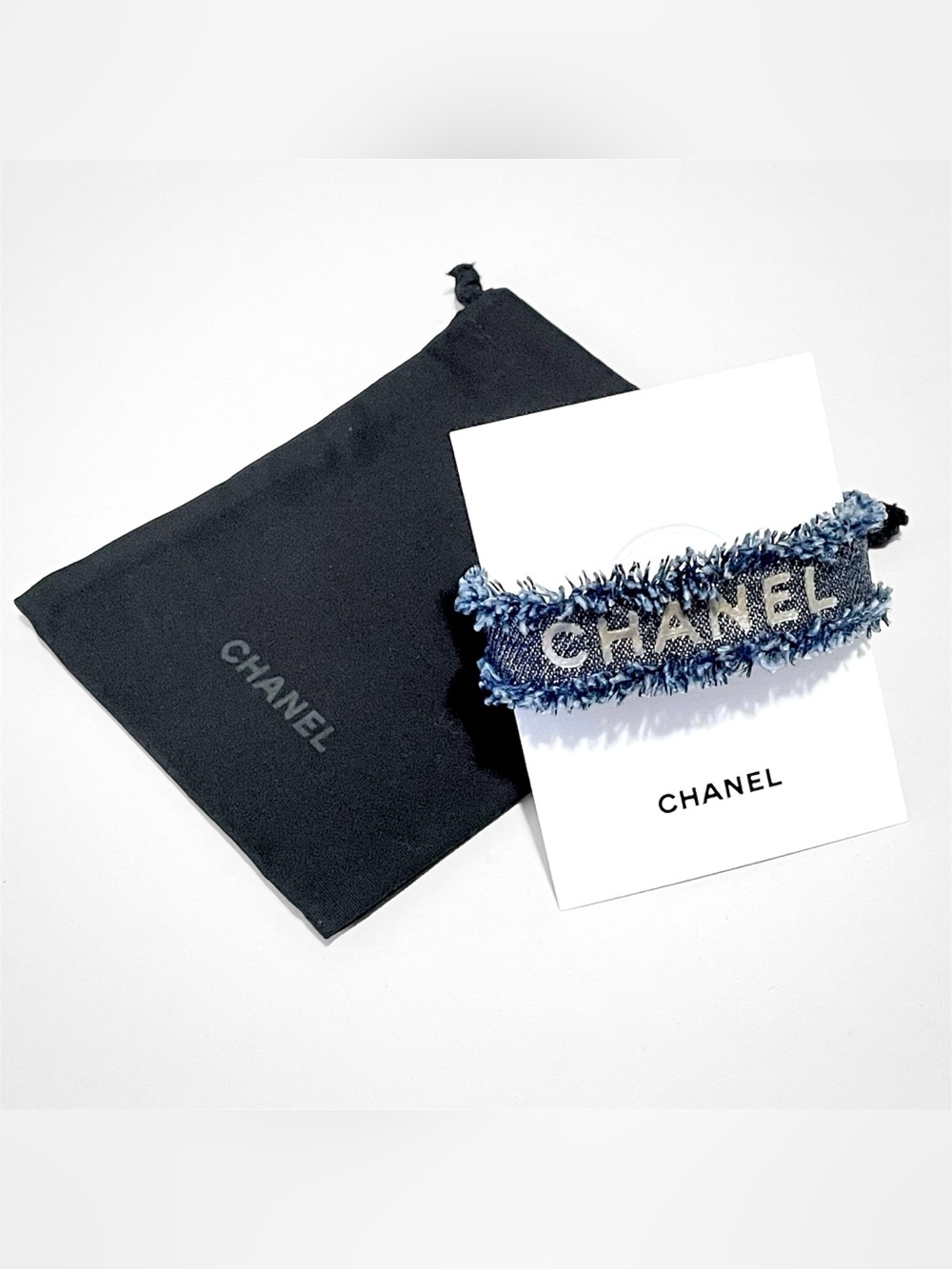 Authentic CHANEL Women Denim Wristband Leather Bangle With Hook - Worn Leather